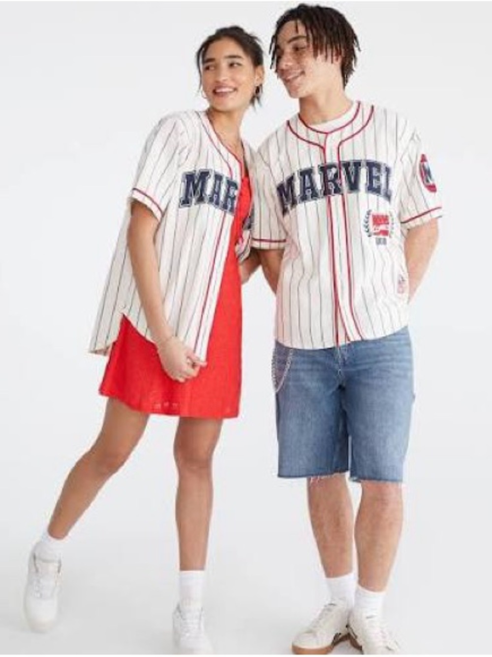 Aeropostale White Pinstripe Baseball Tee with Navy & Red Trim